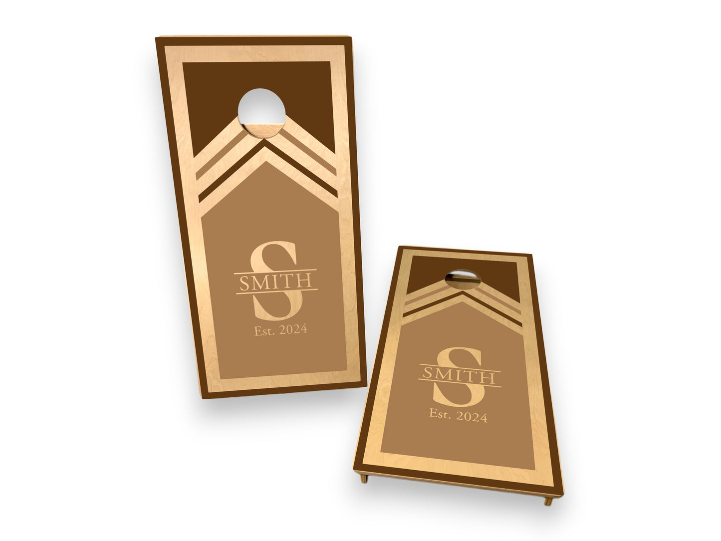 Cornhole Boards | Geometric Design Cornhole Boards Custom with Name | Custom Made Boards with Cupholder and Scoreboard