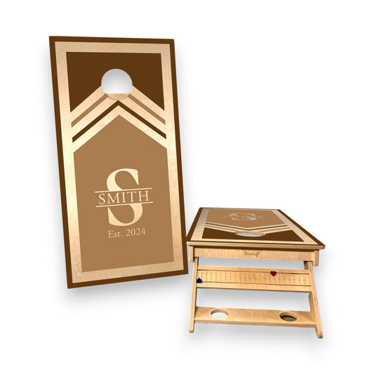 Cornhole Boards | Geometric Design Cornhole Boards Custom with Name | Custom Made Boards with Cupholder and Scoreboard