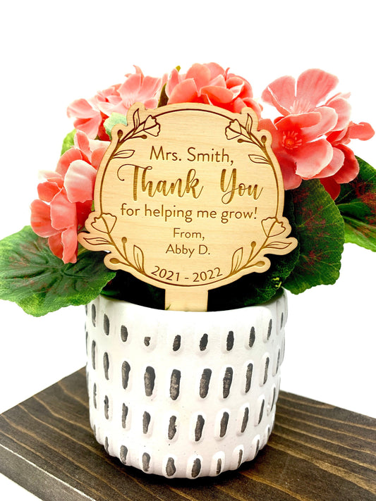 Teacher Flower Stake Gift | Teacher End of Year Gift | Morning Glory | Thanks for helping me Grow | Succulent Tag